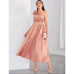 Bow Asymmetrical Satin Dress with Pearl Belt