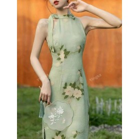 Floral Cheongsam-inspired Tie-Neck Dress