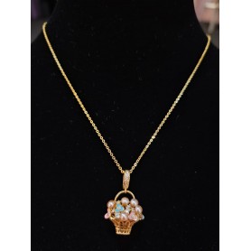 Abundance Flowers & Pearls Bouquet Basket Pendant Necklace