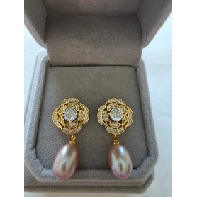 Elegant Gold Rose Design Pink Pearl Earrings