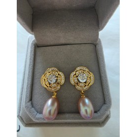 Elegant Gold Rose Design Pink Pearl Earrings