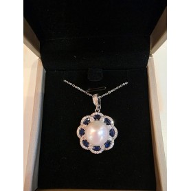 Sapphire Blue Crystal White Pearl Pendant Necklace