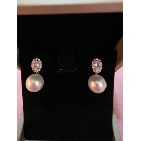 Oval Diamond Natural White Pearl Earrings