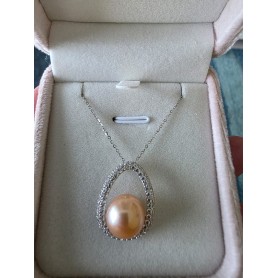 Teardrop Diamond Design Champagne Pearl Pendant Necklace