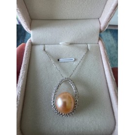 Teardrop Diamond Design Champagne Pearl Pendant Necklace